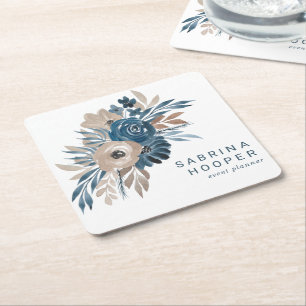 Waterkleur Bloemen Event Planner Indigo Beige Sepi Vierkante Kartonnen Onderzetter
