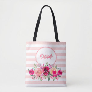Waterkleur Bloemen op Roze Strepen Monogram Tote T Draagtas