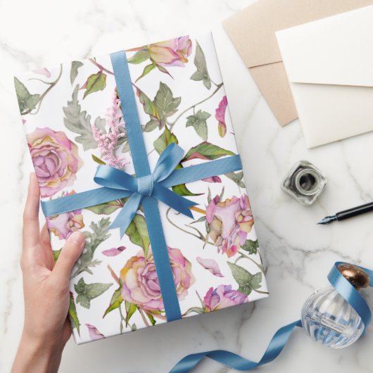 Waterkleur Botanische Roze Boho Roos Cadeaupapier (Geschenken)