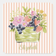 Waterkleur Fruit- en Bloemenmand op Strepen