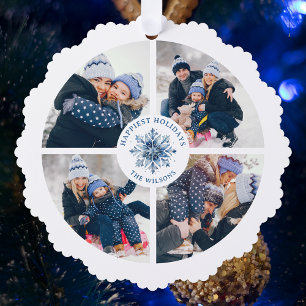 Waterkleur Kristal Blauwe Sneeuwvlok 4 Foto Collag Ornament Kaart