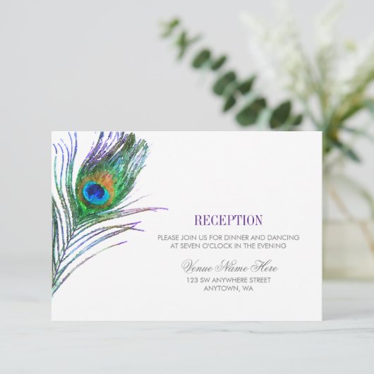 Waterkleur Pauwveer Bruiloftsreceptie Kaart (Staand voorkant)