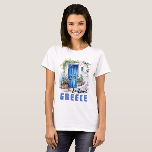 Waterkleur Santorini Griekenland modern en elegant T-shirt (Voorkant volledig)