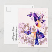 Waterkleur Vogels Bloemig Paars Glitter Feestdagenkaart (Voorkant / Achterkant)