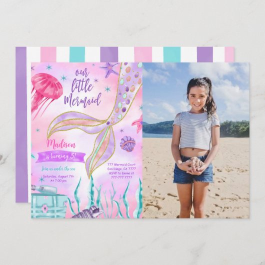 Waterkleur Zeemeermin Foto Uitnodiging (Voorkant / Achterkant)