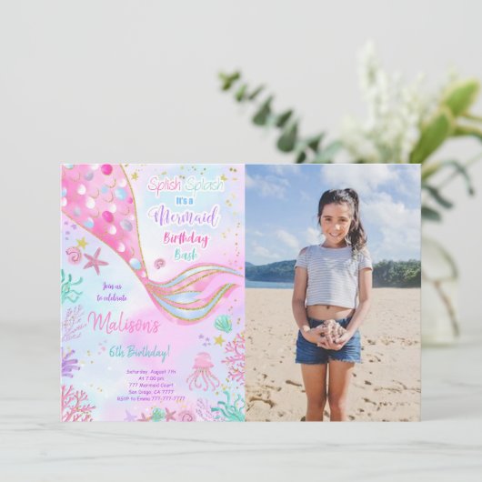 Waterkleur Zeemeermin Verjaardags Foto Uitnodiging (Staand voorkant)