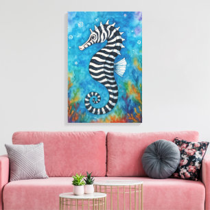 Waterkleur Zeepaardje met Zebrastrepen Canvas Afdruk