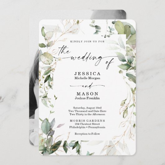 Waterkleurige groen met gouden trouwkaart kaart (Voorkant / Achterkant)