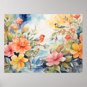 Waterkleurscène met vogels en bloemen poster