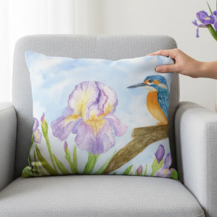 Waterkoningsvogel met paarse irissen accent kussen