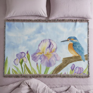 Waterkoningsvogel met paarse irissen deken