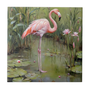 Waterlelies Flamingo en riet olieverfschilderij, Tegeltje