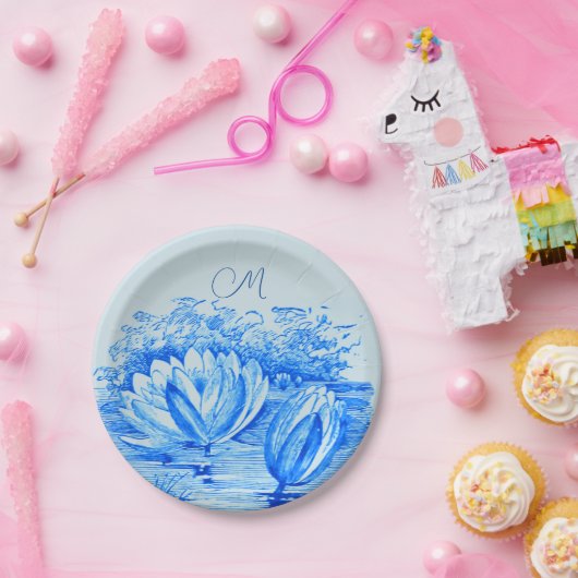 waterlelies - monogram blauw papieren bordje (Feest)