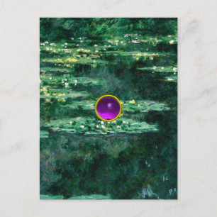 WATERLELIES VIJVER IN GROENE, Paarse Gem Briefkaart