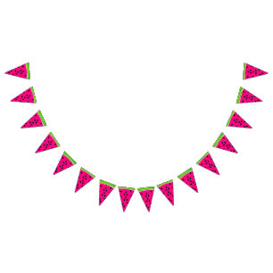 Watermeloen die het groene partijdecor van de roze vlaggetjes