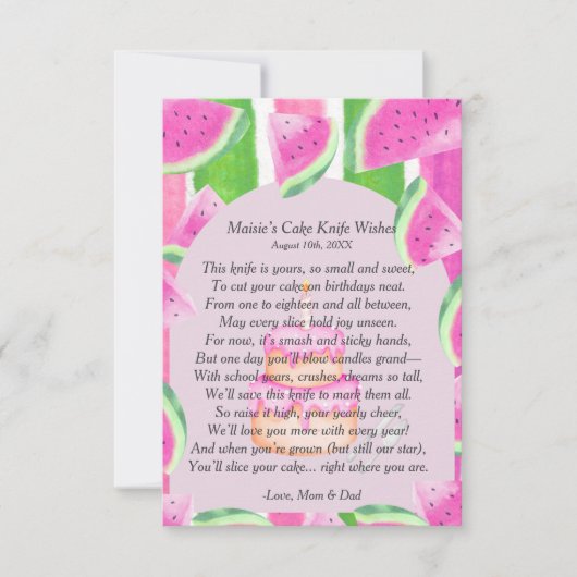 Watermeloen eerste verjaardag taartmes gedicht kaart (Voorkant)