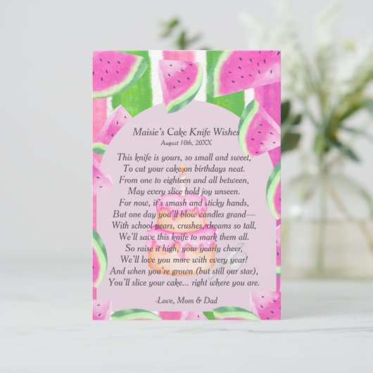 Watermeloen eerste verjaardag taartmes gedicht kaart (Staand voorkant)