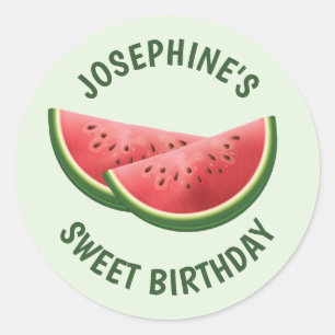 Watermeloen Fruit Slices op Groene en Tekst Verjaa Ronde Sticker