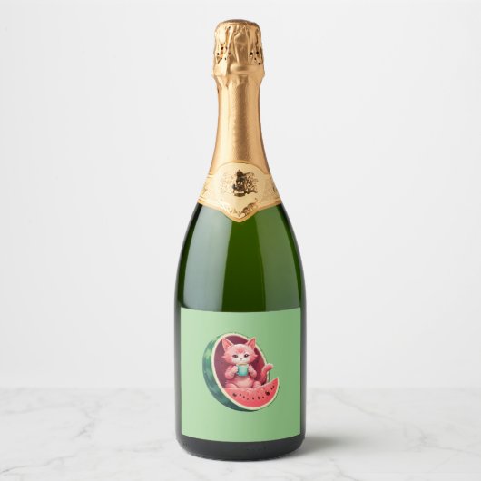 Watermeloen Kat Koffiepauze Sparkling Wijnetiket (Voorkant)