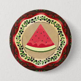 watermeloen op olijf bord met palestijnse tatreez ronde button 7,6 cm