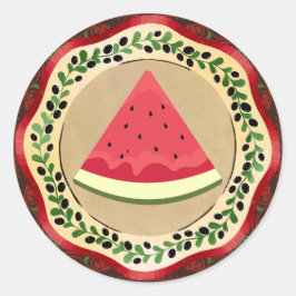 watermeloen op olijf bord met palestijnse tatreez ronde sticker