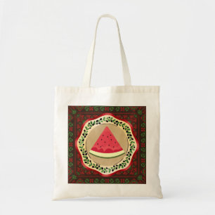 watermeloen op olijf bord met palestijnse tatreez tote bag