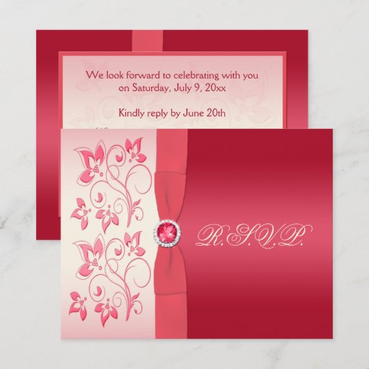 Watermeloen Roze en Ivory Floral Reply Kaart (Voorkant / Achterkant)