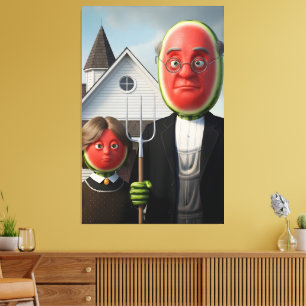 Watermeloen Thema Amerikaanse Gothic Parodie Canvas Afdruk