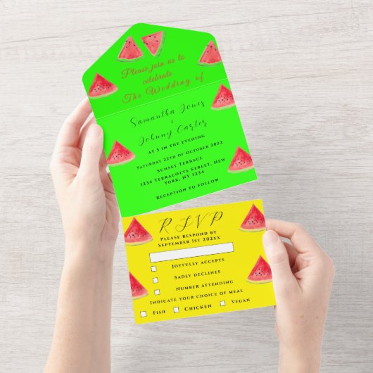 Watermeloen Tropisch Fruit Trendy Neon Bruiloft All In One Uitnodiging (Afscheurbaar)