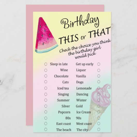 Watermeloen verjaardag this or that spel (Voorkant / Achterkant)