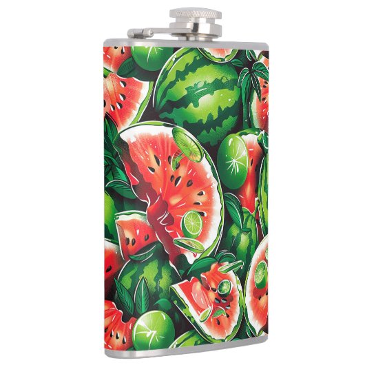 Watermeloenen, limoen, watermeloenbladeren, kleine heupfles (Rechts)