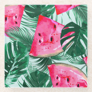 Watermeloenen, palmbladeren: tropisch naadloos pat glazen onderzetter