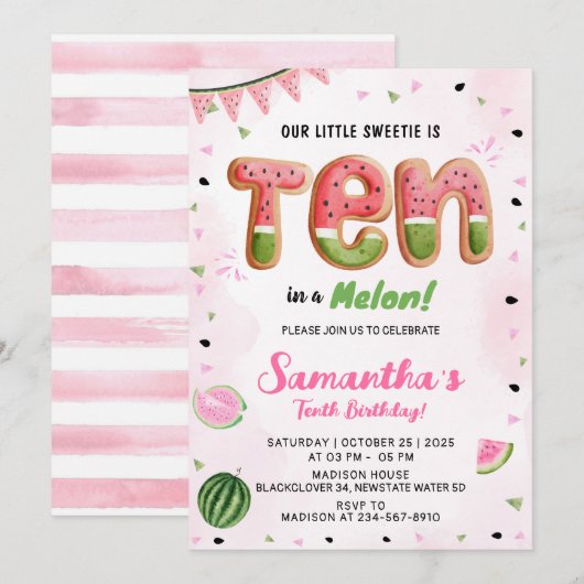 Watermelon 10th Birthday Party Invitation (Devant / Derrière)