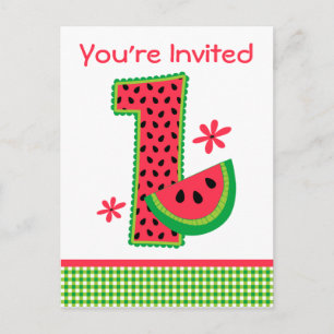 Watermelon 1st Birthday Gingham Uitnodiging Briefkaart