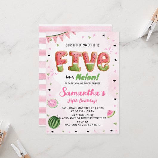 Watermelon 5th Birthday Party Invitation (Devant/Arrière en situation)