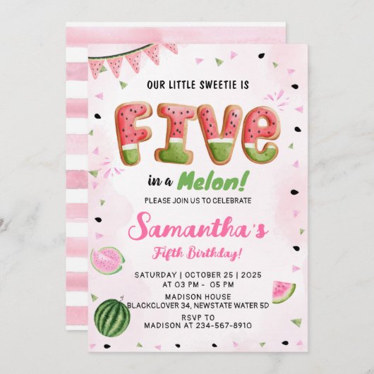 Watermelon 5th Birthday Party Invitation (Devant / Derrière)