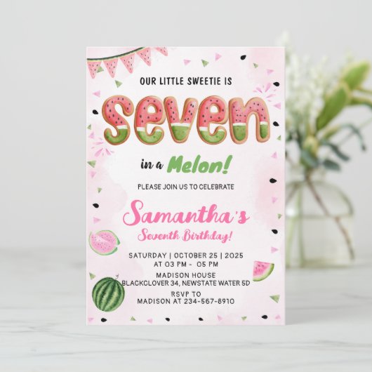 Watermelon 7th Birthday Party Invitation (Debout devant)