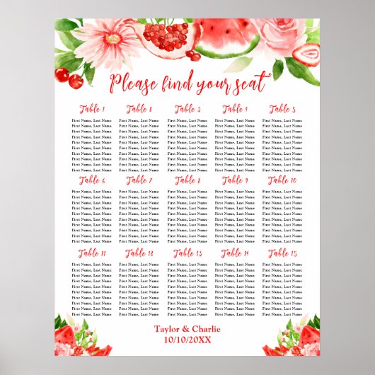 Watermelon and Pomegranate 15 Tables Seating Chart Poster (Voorkant)