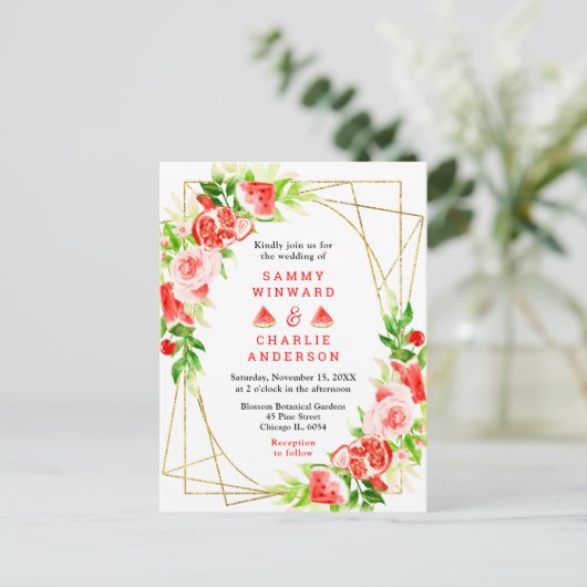 Watermelon and Pomegranate with Foliage Wedding Briefkaart (Staand voorkant)