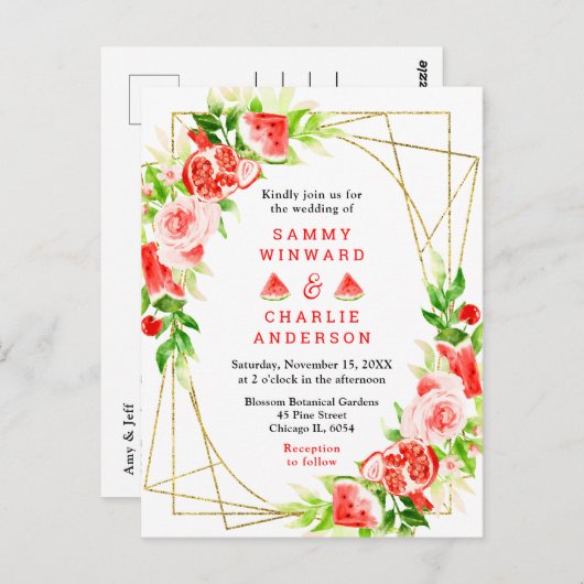 Watermelon and Pomegranate with Foliage Wedding Briefkaart (Voorkant / Achterkant)