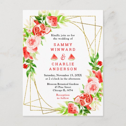 Watermelon and Pomegranate with Foliage Wedding Briefkaart (Voorkant)