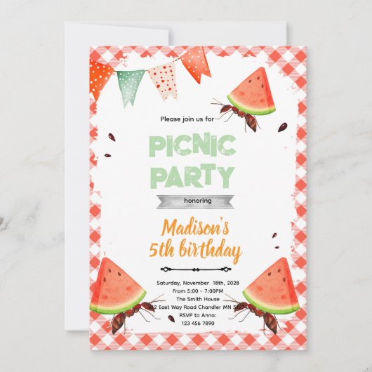Watermelon ant picnic party invitation (Devant)