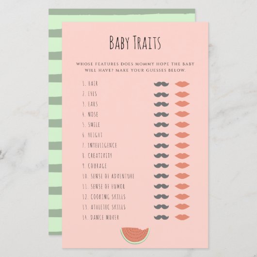 Watermelon Baby Traits Douche Game Advies Kaarten (Voorkant / Achterkant)