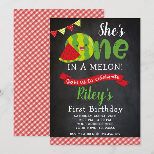 Watermelon Birthday Invitation, Chalkboard Kaart (Voorkant / Achterkant)