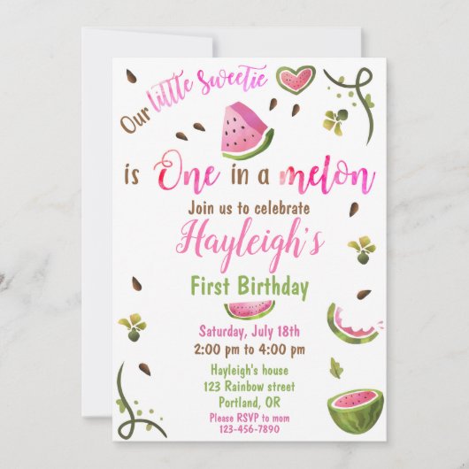 Watermelon birthday invitation One in a melon girl (Devant)