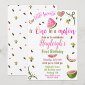 Watermelon birthday invitation One in a melon girl (Devant / Derrière)