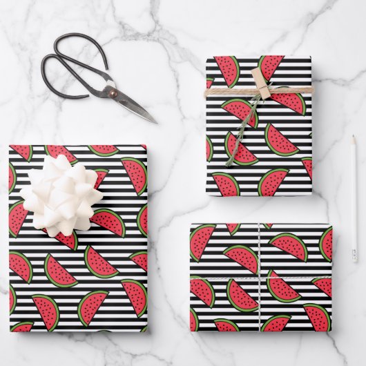 Watermelon Black & White Stripes Pattern Inpakpapier Vel (Voorkant)