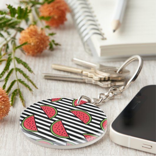 Watermelon Black & White Stripes Pattern Sleutelhanger (Voorkant Rechts)