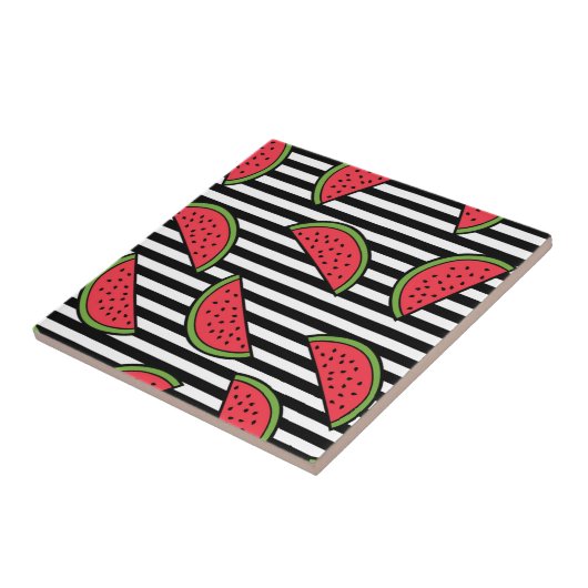 Watermelon Black & White Stripes Pattern Tegeltje (Zijkant)