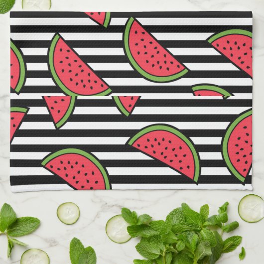 Watermelon Black & White Stripes Pattern Theedoek (Gevouwen)